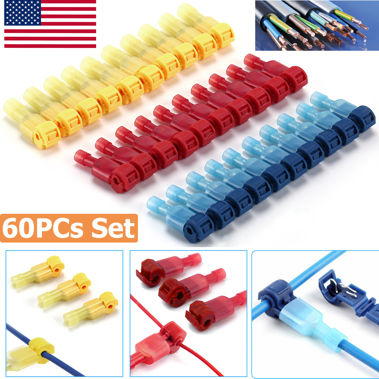 60Pcs 22-10 AWG Insulated T-Taps Quick Splice Wire Terminal Connectors Combo Kit